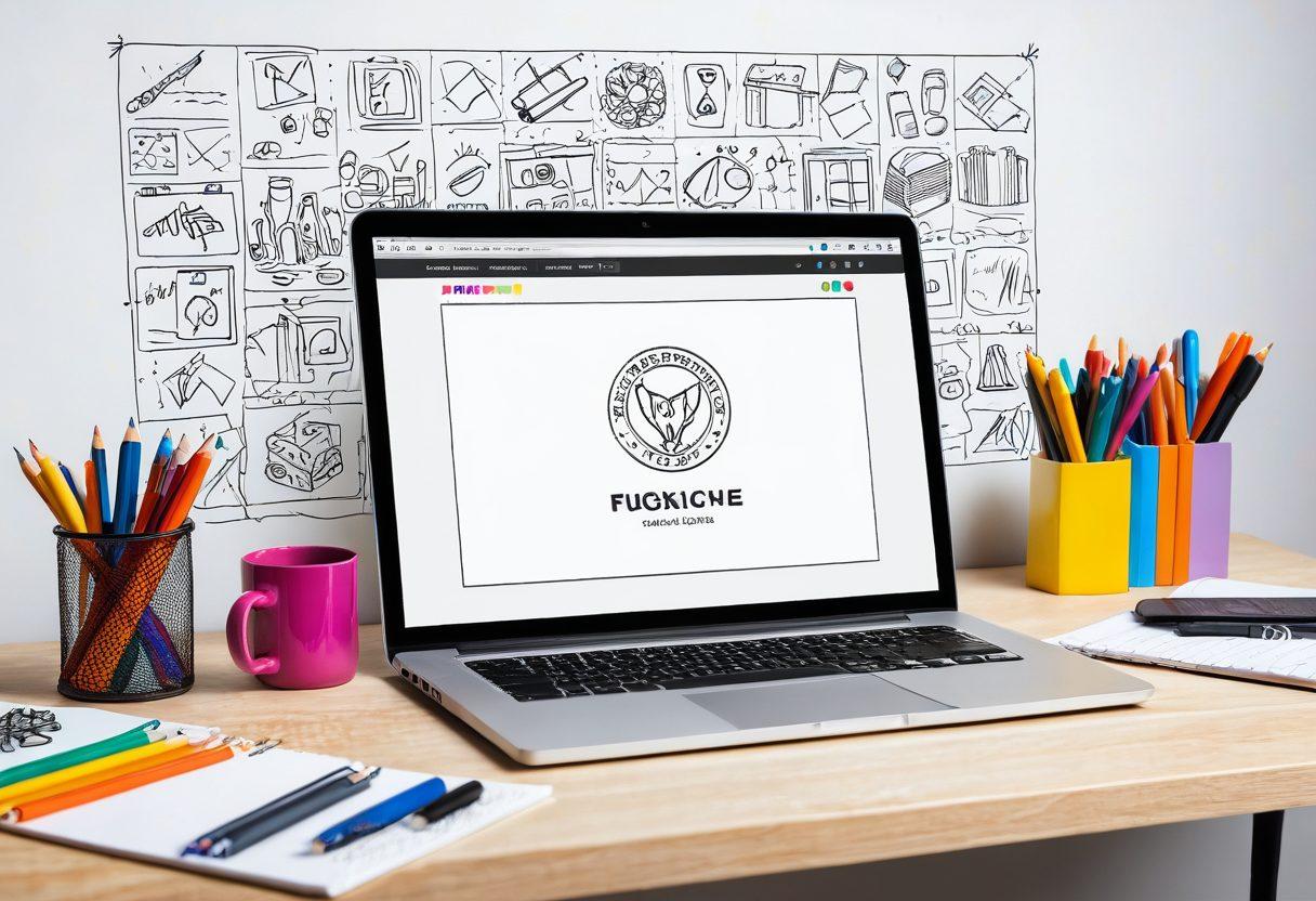 A dynamic workspace with design tools, sketches evolving into polished digital logos on a laptop screen, highlighting creativity and innovation. Background shows various branding elements transforming from hand-drawn concepts to modern digital designs. Bright and engaging atmosphere with vibrant colors. super-realistic. white background. vibrant colors.